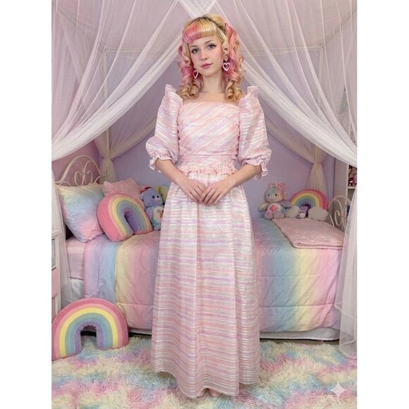 Roberta Dresses & Skirts - Vtg 80s Cotton Candy Pink Striped Puff Shoulder Party Dress Fairy kawaii 12